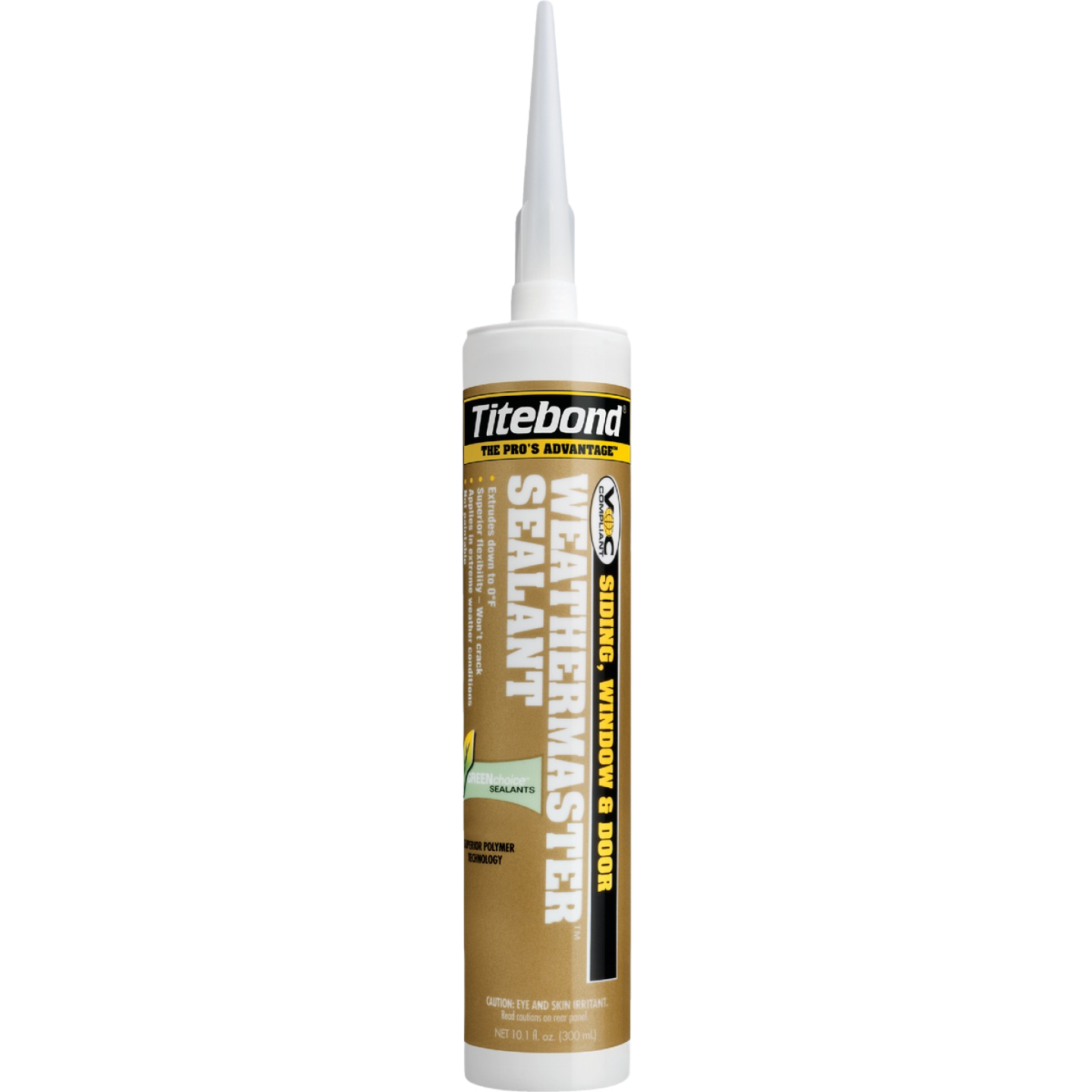 Beige Titebond WeatherMaster sealant tube designed for siding, window, and door sealing in home improvement projects
