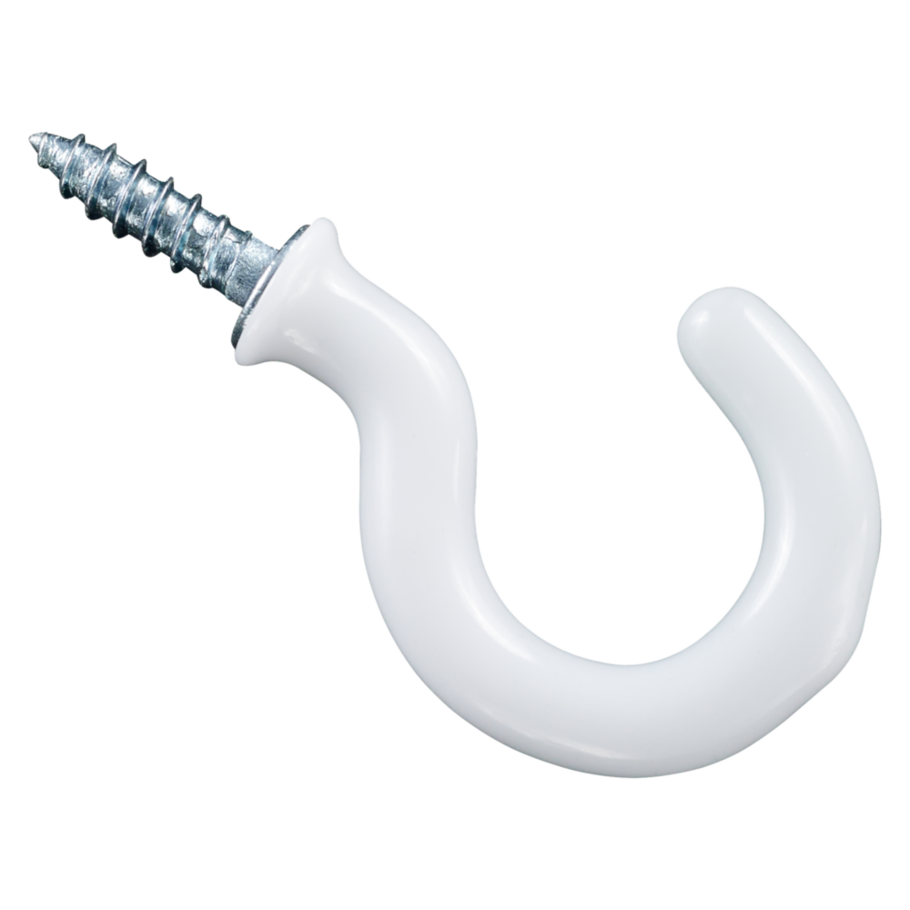 White vinyl-coated cup hook with sharp screw point for wood fastening in hardware and home improvement projects under $50