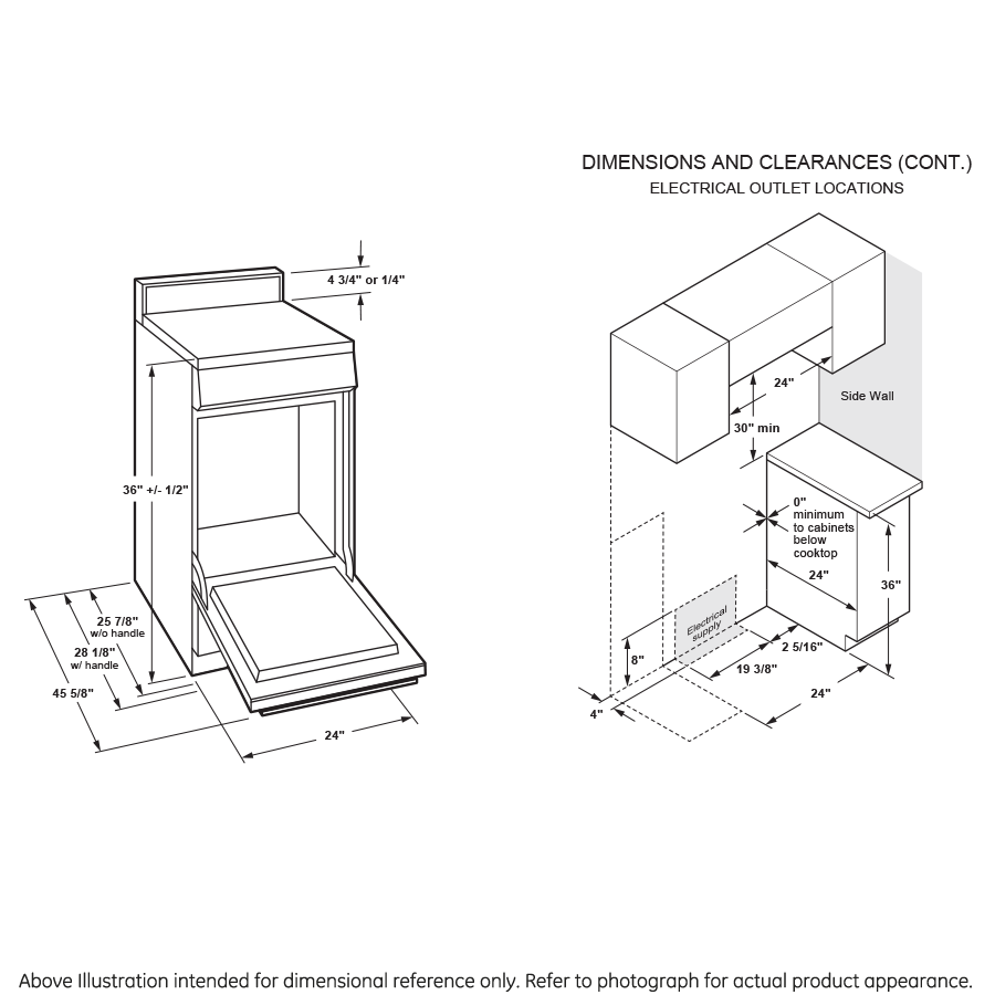 Technical line drawing showing dimensional specifications and electrical outlet clearances for a 24-inch kitchen range installation.