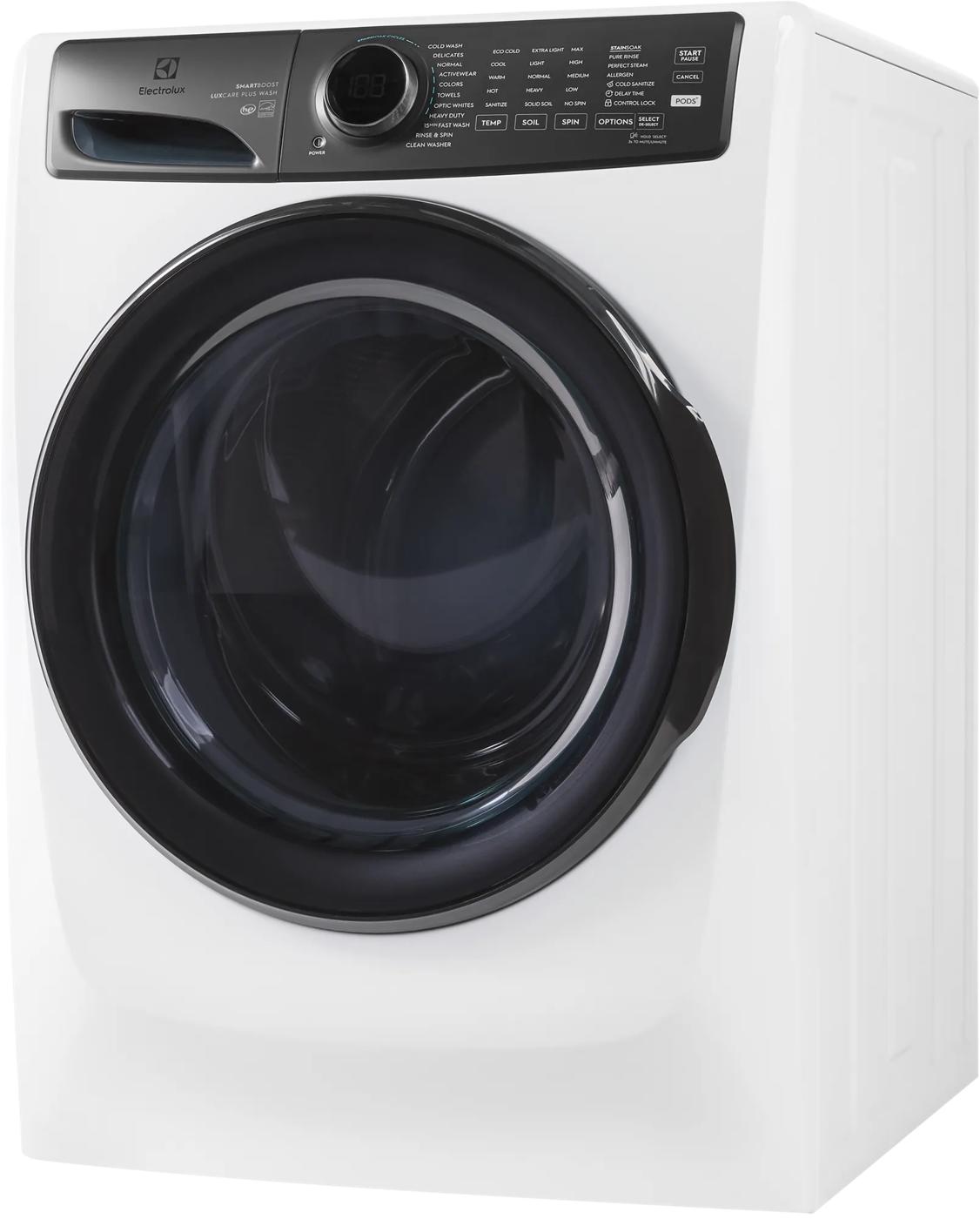 White front load washer with a large tinted door and digital control panel featuring multiple wash cycles and options