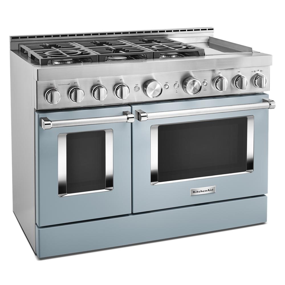Smart 48-inch blue and stainless steel gas range with six burners and chrome electric griddle from KitchenAid Ranges collection