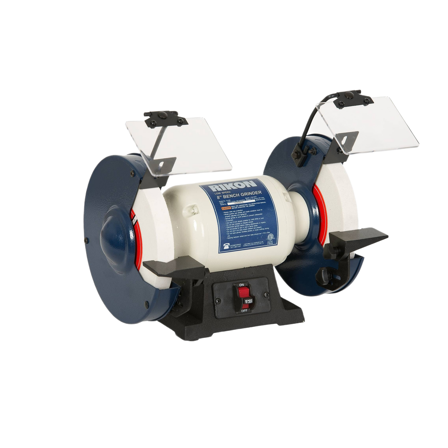 Bench grinder with dual grinding wheels and protective shields for tools and home improvement tasks