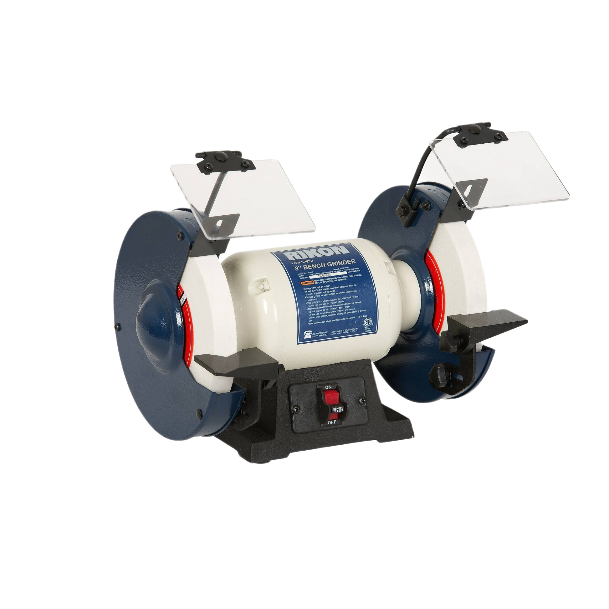 Bench grinder with dual grinding wheels and protective shields for tools and home improvement tasks