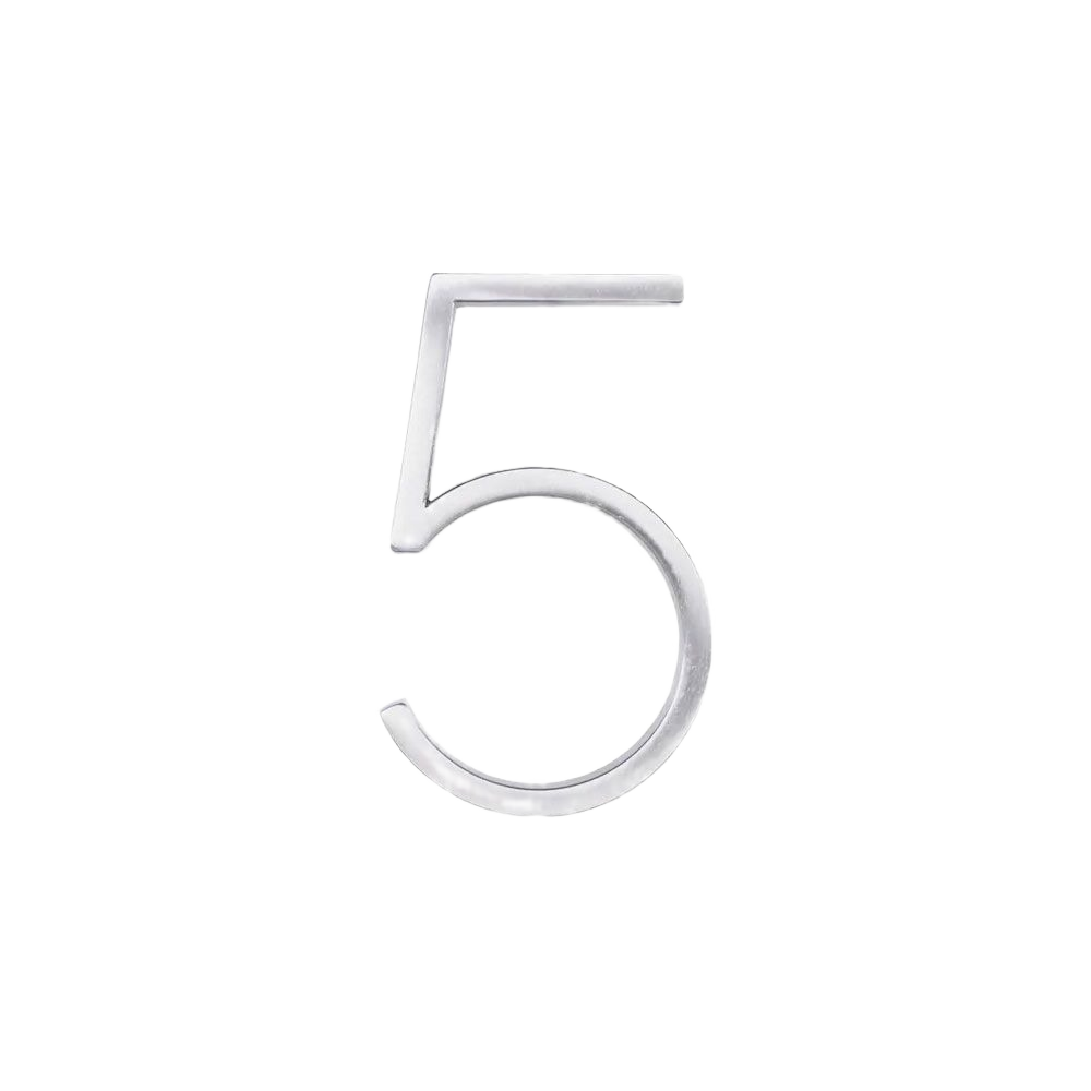 Nickel-finished floating mount house number 5 designed for home improvement and exterior use