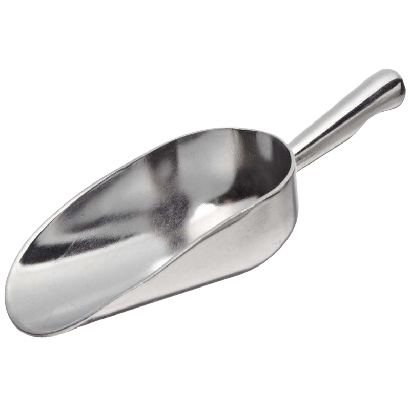 Silver aluminum scoop with ergonomic handle for versatile kitchen use in cooking utensils and kitchenware collections under $50