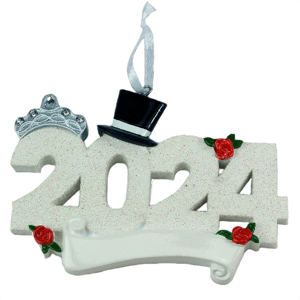 2024 wedding ornament with glitter finish, red roses, silver tiara, and black top hat from Christmas Ornaments & Tree Decorations collection