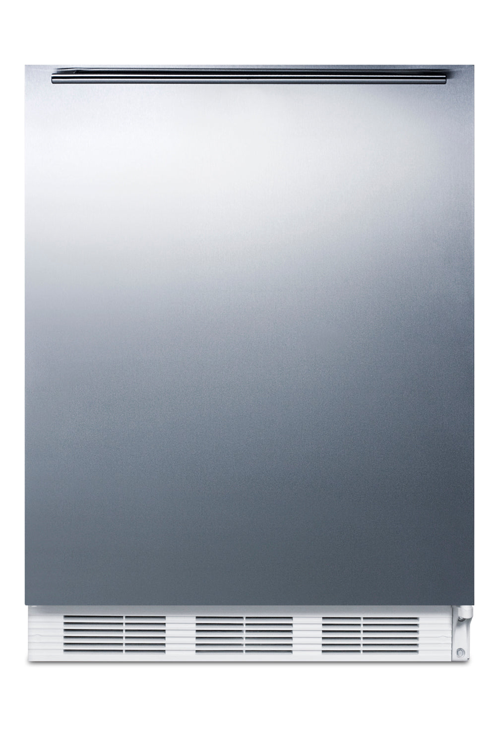 Stainless steel 24-inch wide undercounter refrigerator-freezer with top handle for kitchen appliances collection