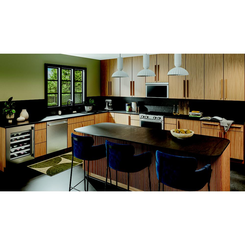 Modern kitchen with wooden cabinets, black countertops, stainless steel appliances, and undercounter wine cellar unit
