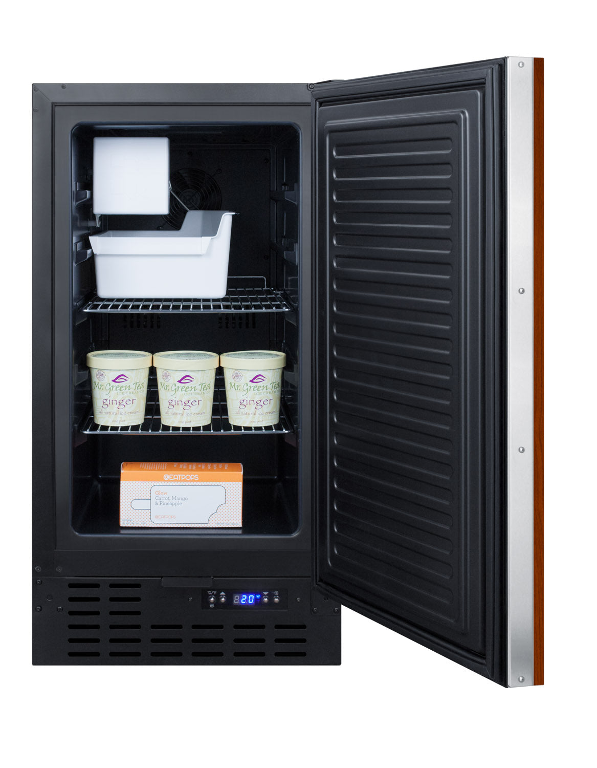 Under-counter drain-free icemaker with digital temperature display showing inside with ice tray and food containers from Freezers & Ice Makers collection