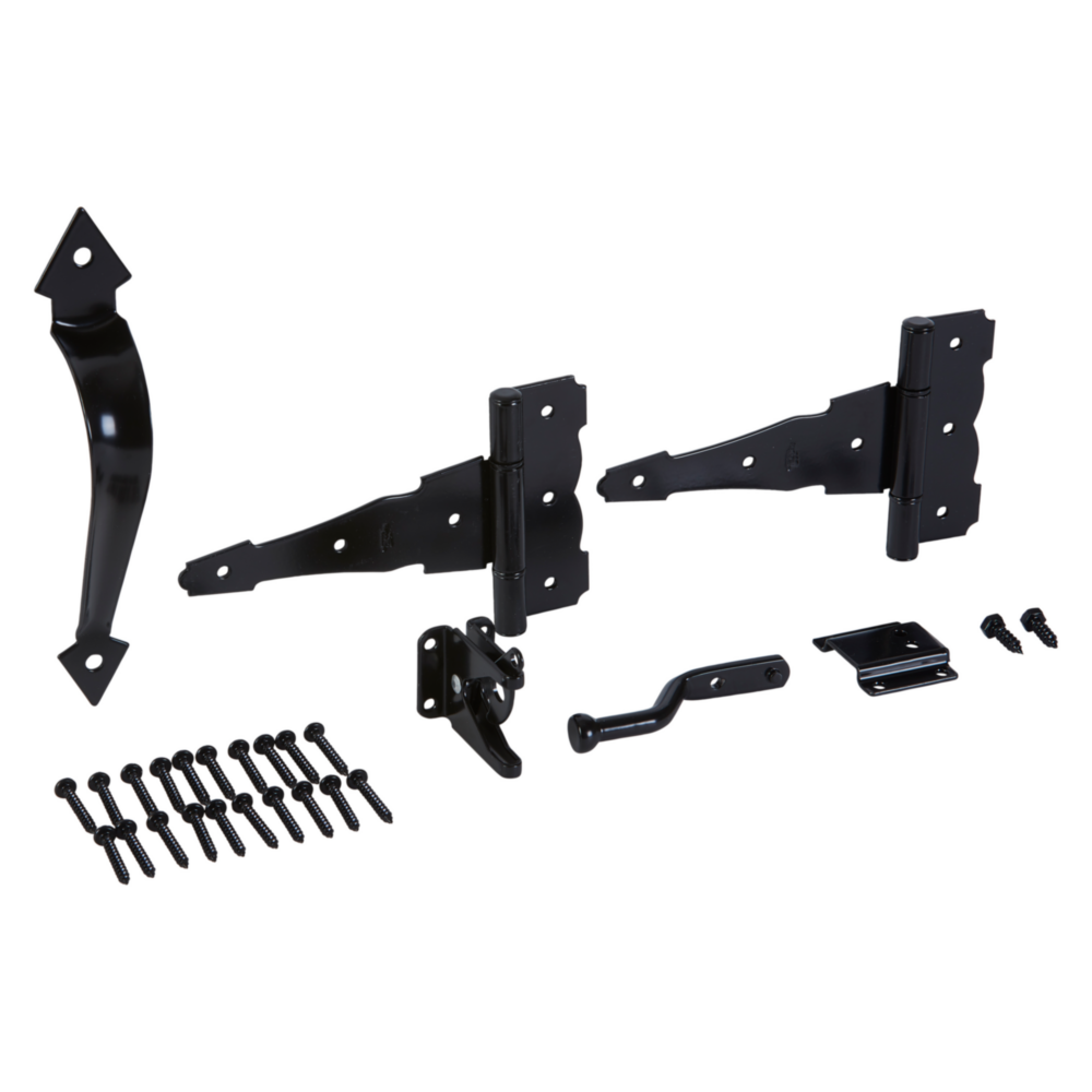 Black plated steel gate kit with hinges, latch, handle, and screws for home improvement and gate hardware collections