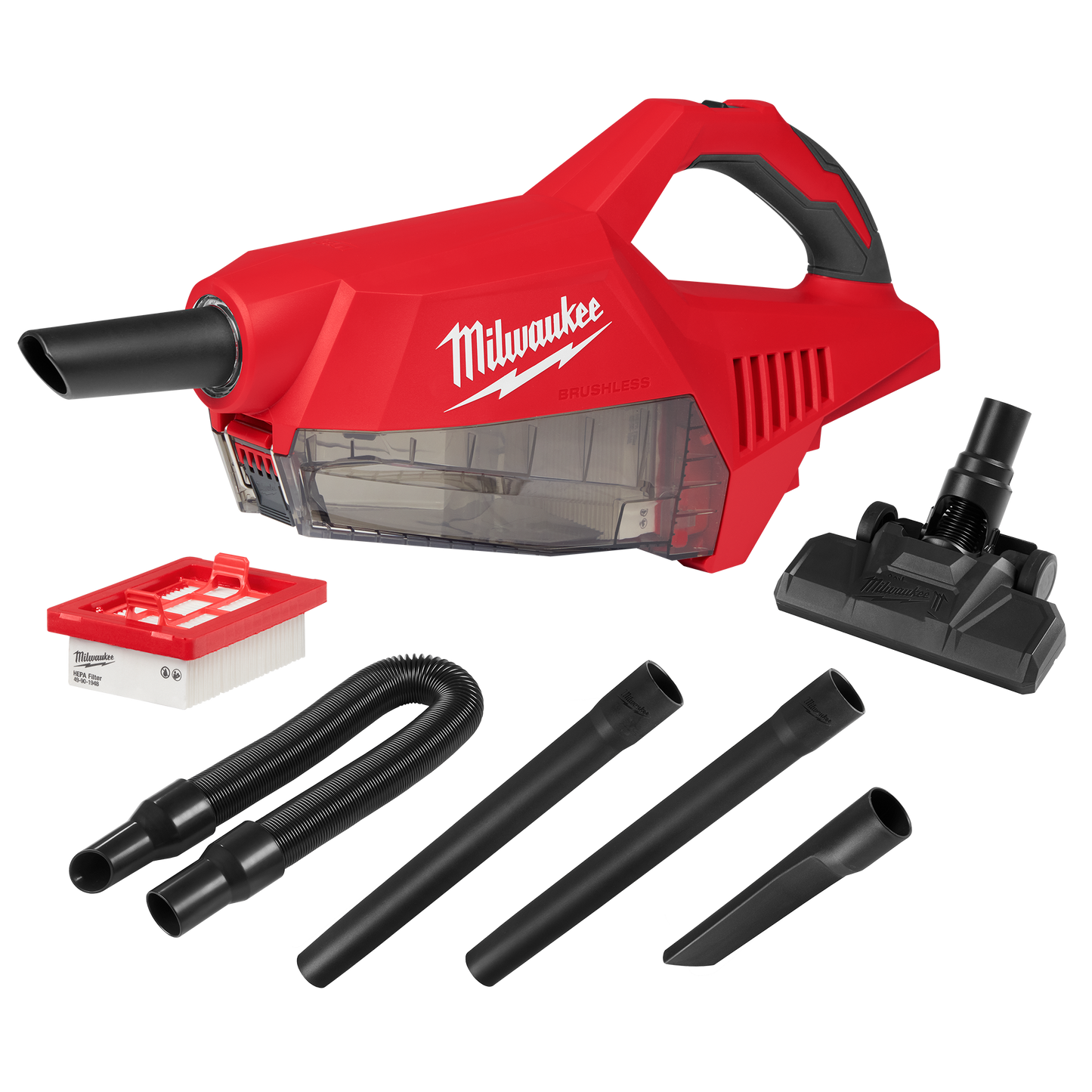 Red Milwaukee M18™ brushless handheld vacuum with clear dust container, ergonomic handle, and multiple attachments for versatile cleaning tasks at Hartville Hardware.
