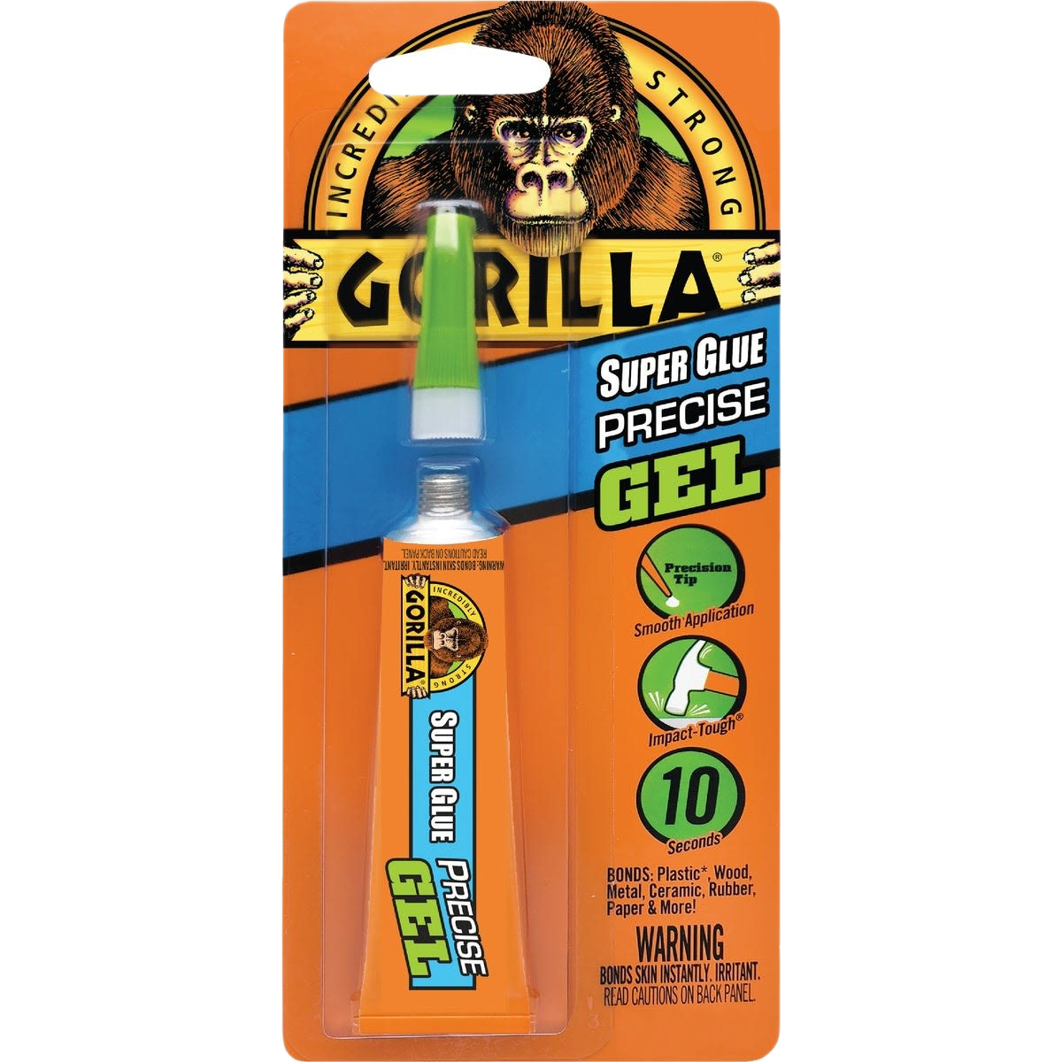 Orange and blue packaged Gorilla Super Glue Precise Gel tube with precision tip for home improvement and tools collections