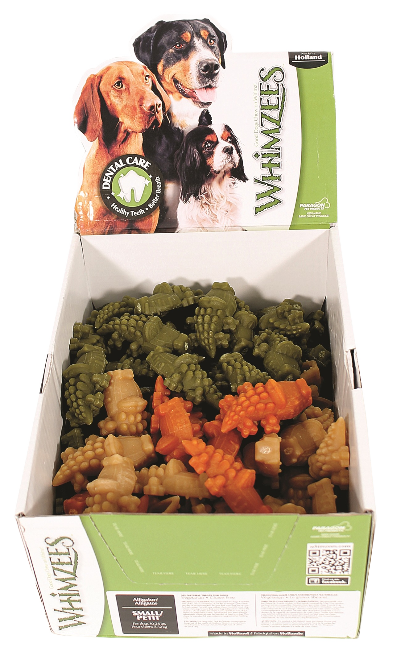 Box of assorted small alligator-shaped dental dog treats promoting fresh breath and healthy teeth from Whimzees collection