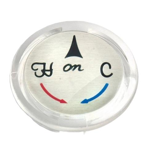 Clear circular index button with hot and cold indicators for faucet handle replacement in plumbing repair parts collection