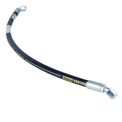 Flexible black hydraulic hose with metal fittings designed for heavy-duty home improvement and repair tasks
