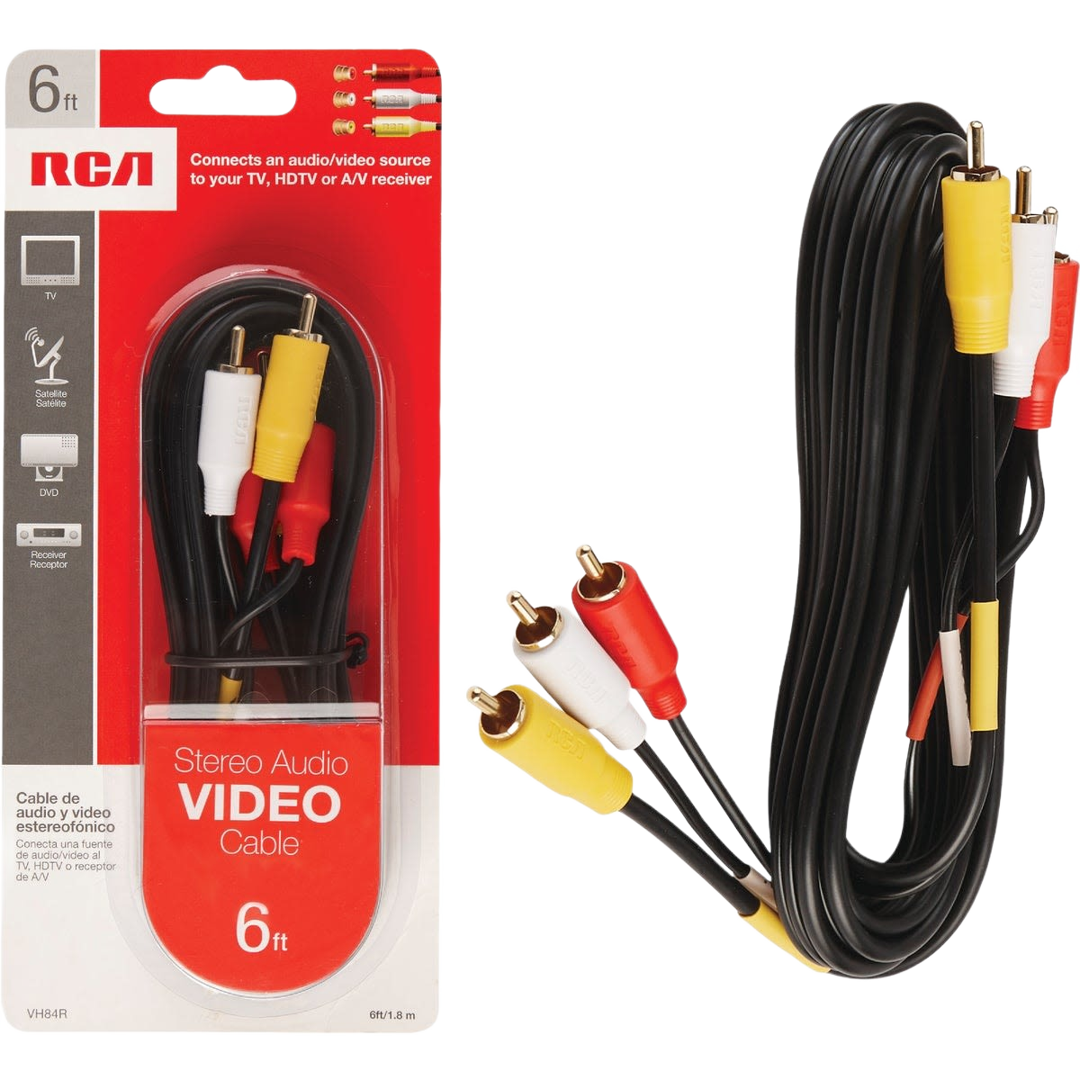 Black 6-foot stereo RCA cable with red, white, and yellow connectors for audio and video in electrical and home improvement collections