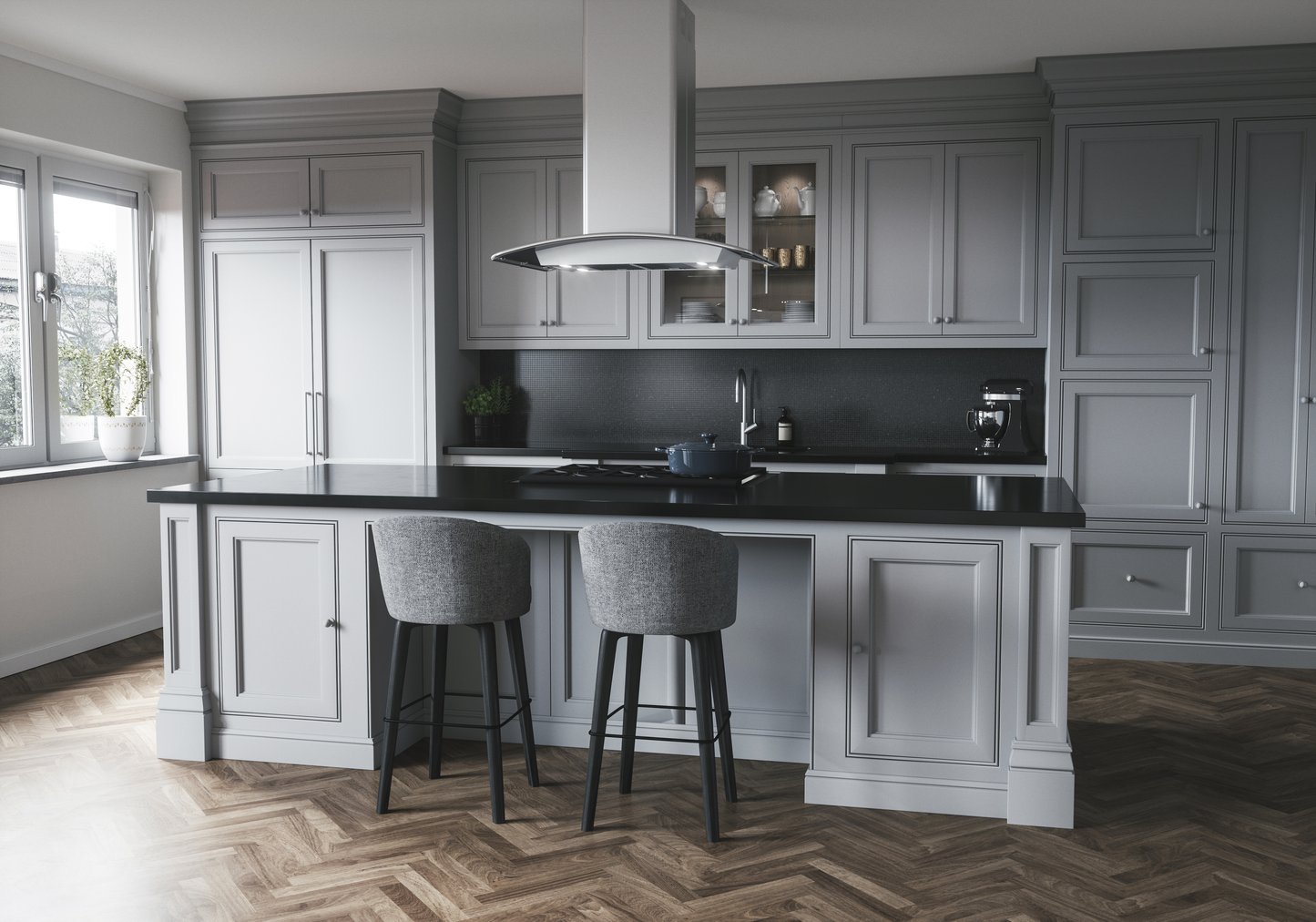 Contemporary kitchen with gray island cabinetry, black countertops, and stainless steel island hood for home improvement