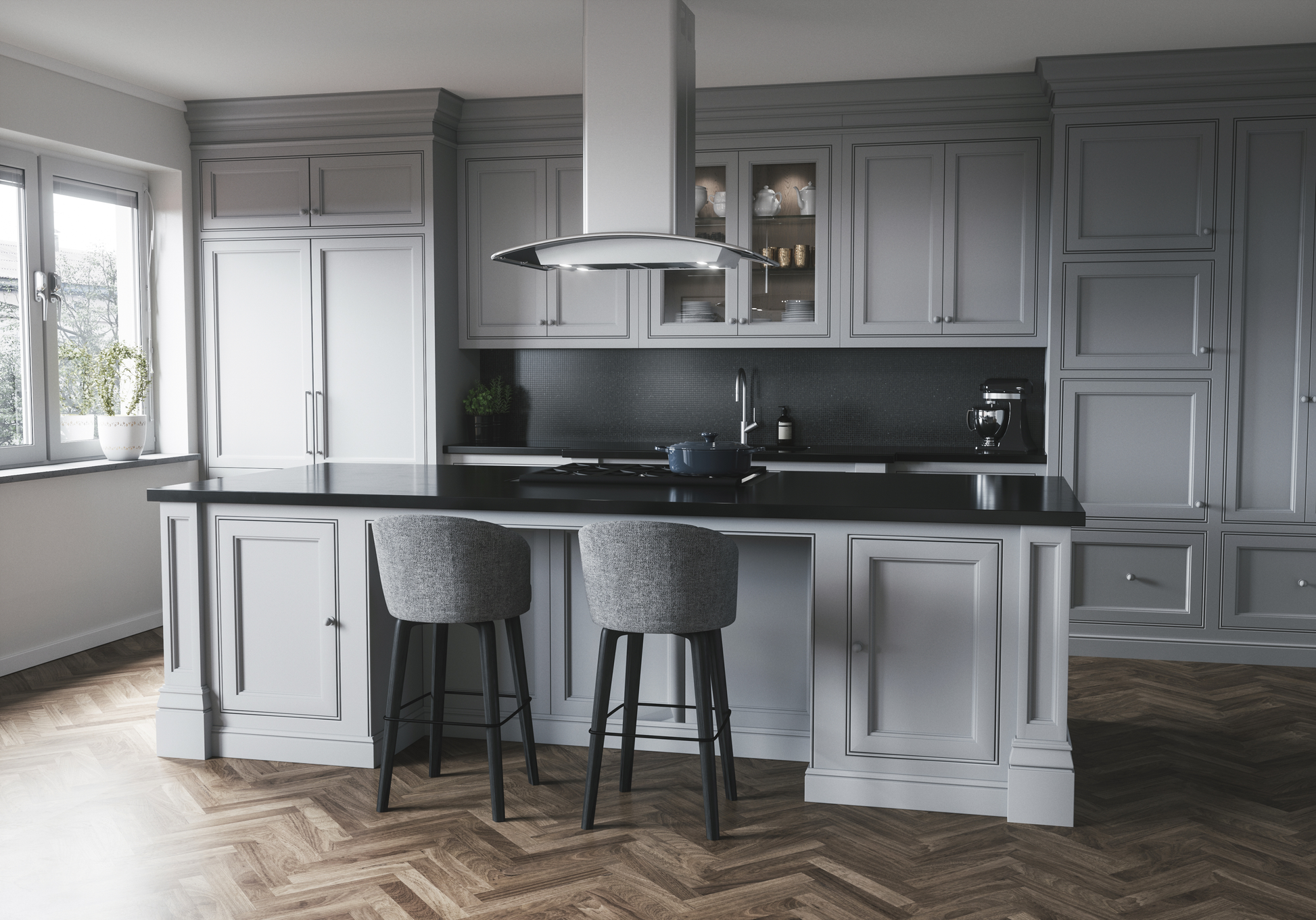 Contemporary kitchen with gray island cabinetry, black countertops, and stainless steel island hood for home improvement