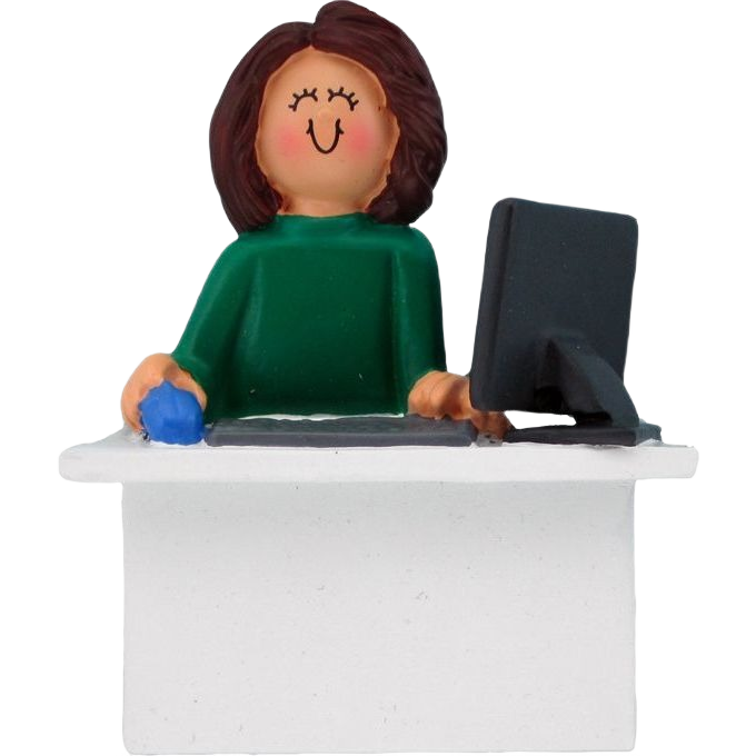 Brunette female figurine at desk with computer and mouse Christmas ornament for holiday tree decoration under $50 collection