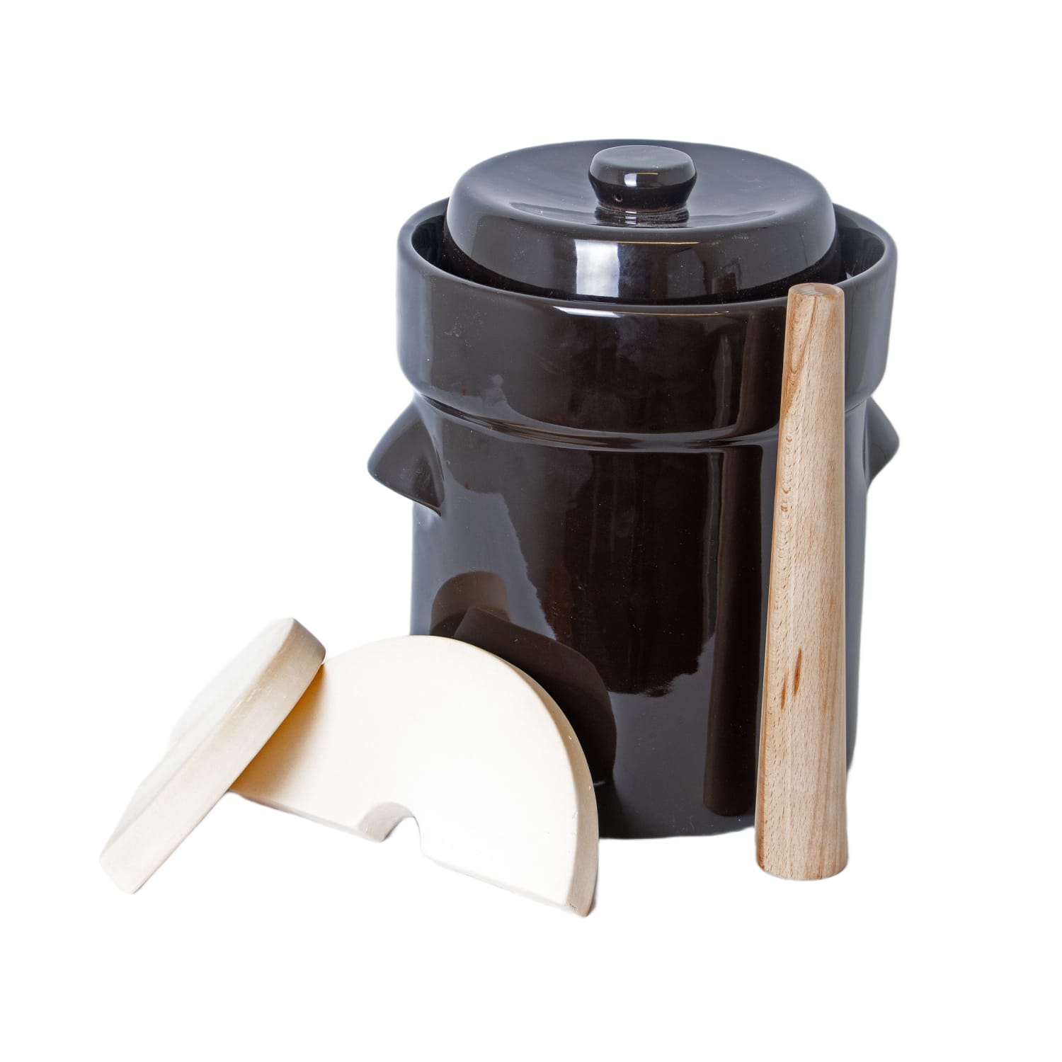 Dark brown ceramic crock with wooden stomper and weights for kitchenware and small appliance use