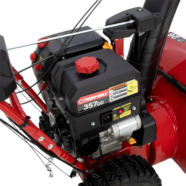 Close-up of Troy-Bilt snow blower engine with 357cc power and control cables for home improvement tasks