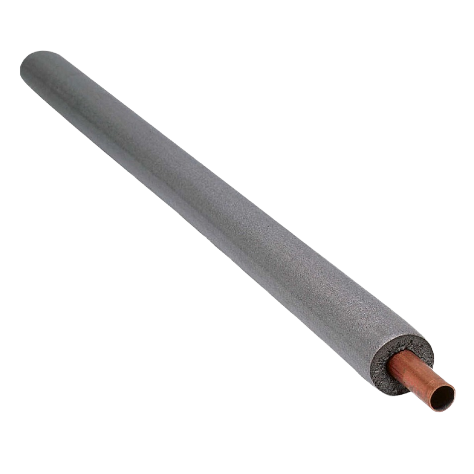 Gray semi-slit polyethylene pipe insulation wrap on copper tubing for plumbing and building materials under $50 collections