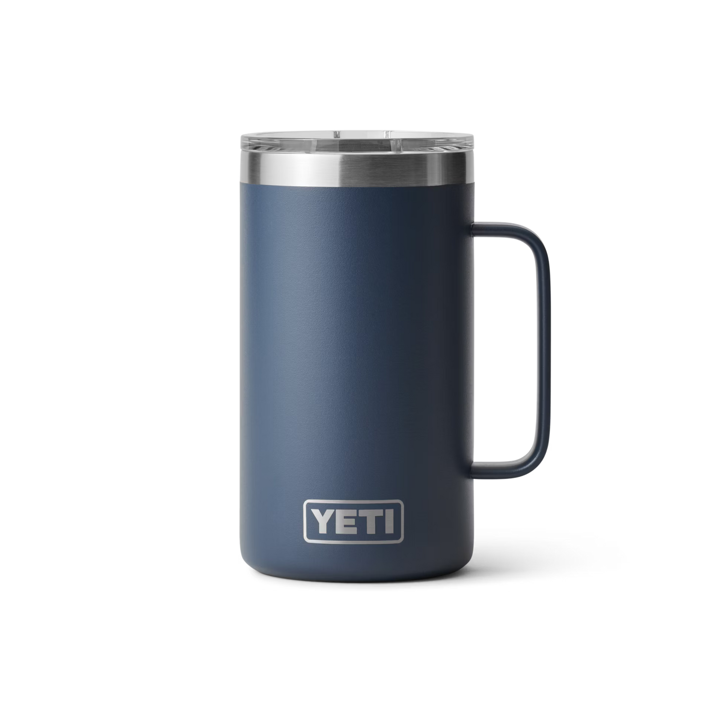 Blue 24 oz stainless steel insulated mug with handle and clear sliding lid from Drinkware and Kitchenware collections