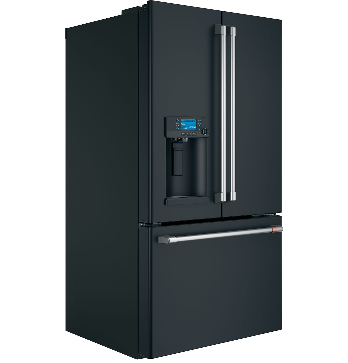 Black smart French-door refrigerator with bottom freezer and electronic water dispenser in kitchen and appliance collections