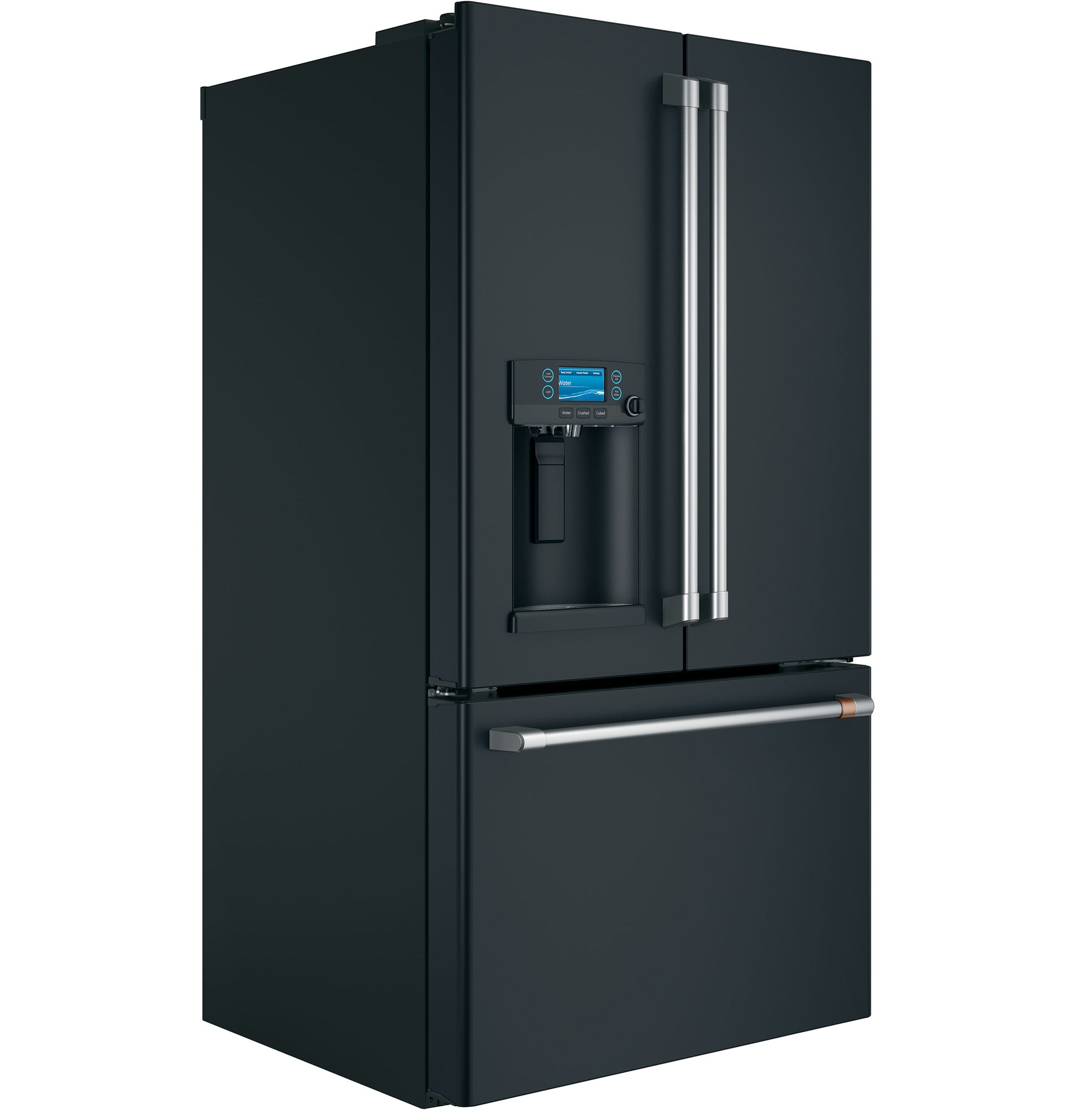 Black smart French-door refrigerator with bottom freezer and electronic water dispenser in kitchen and appliance collections