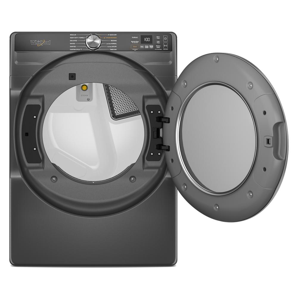 Front view of dark gray smart front load gas dryer with open door and digital controls from Dryers collection