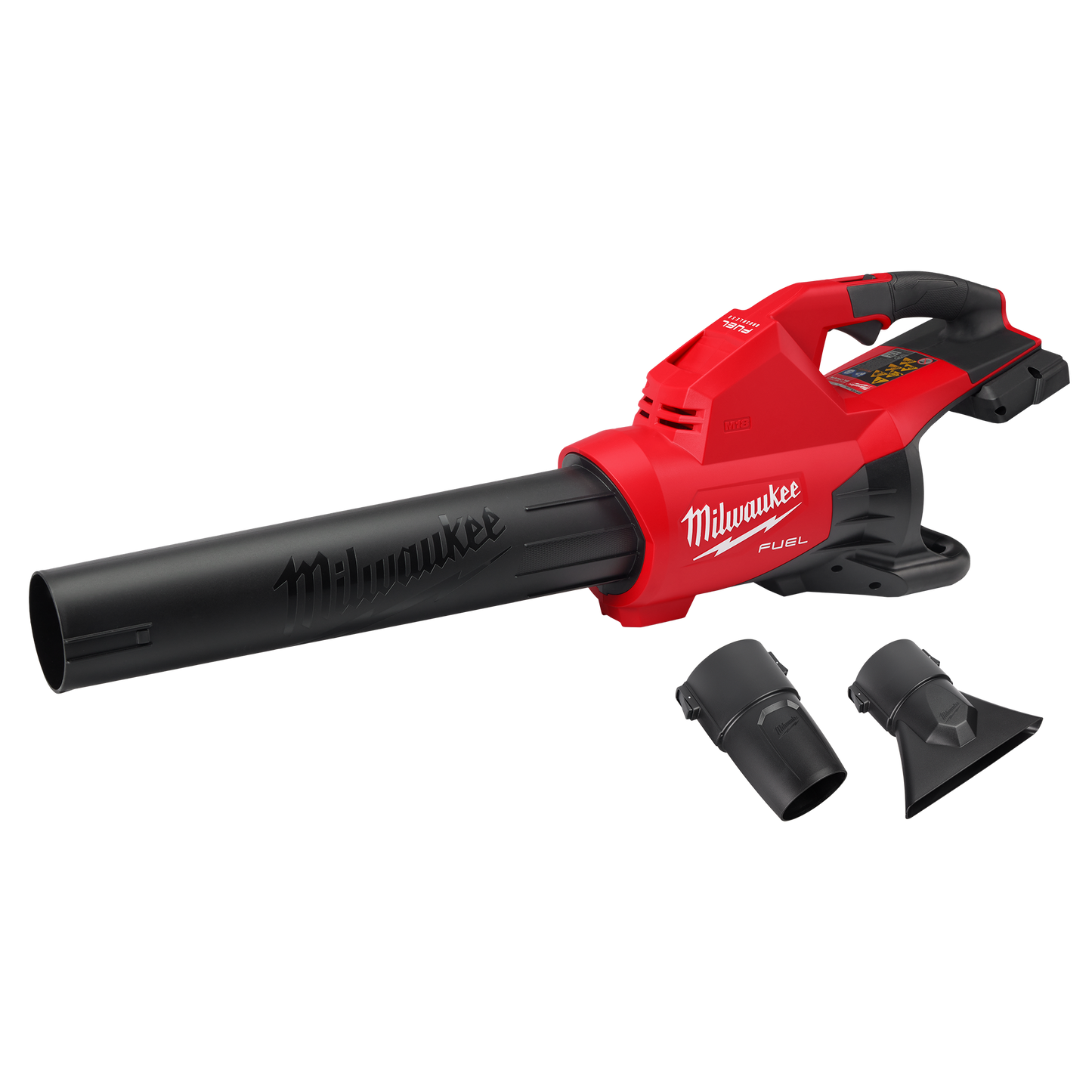 Cordless red and black leaf blower with dual battery slots and two nozzle attachments for tools and home improvement tasks