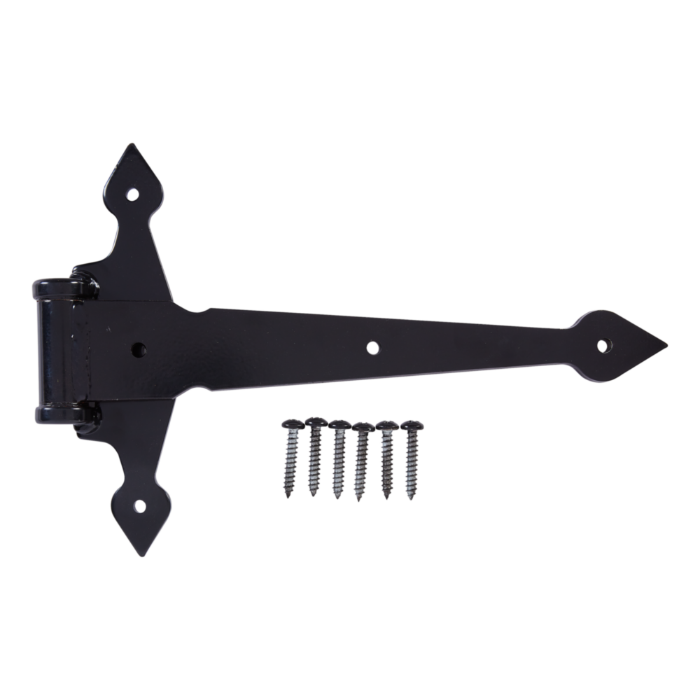 Black heavy-duty spear-style gate T-hinge with six screws for sturdy outdoor home improvement use