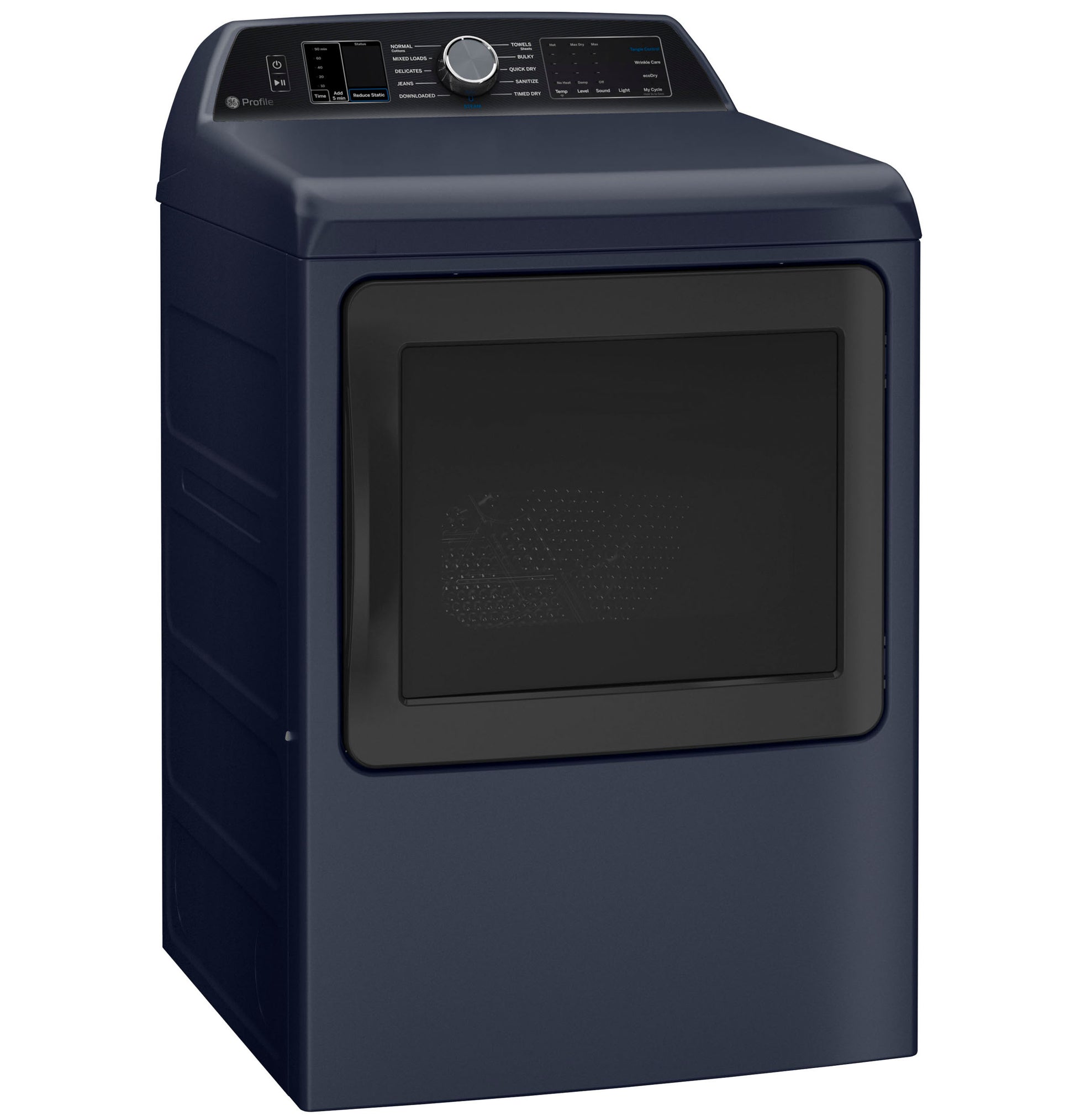 Navy blue smart gas dryer with digital control panel and tinted front window in Dryers and Appliances collections