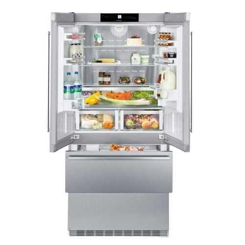stainless steel freestanding French door refrigerator with open doors showing organized interior shelves in refrigerators collection