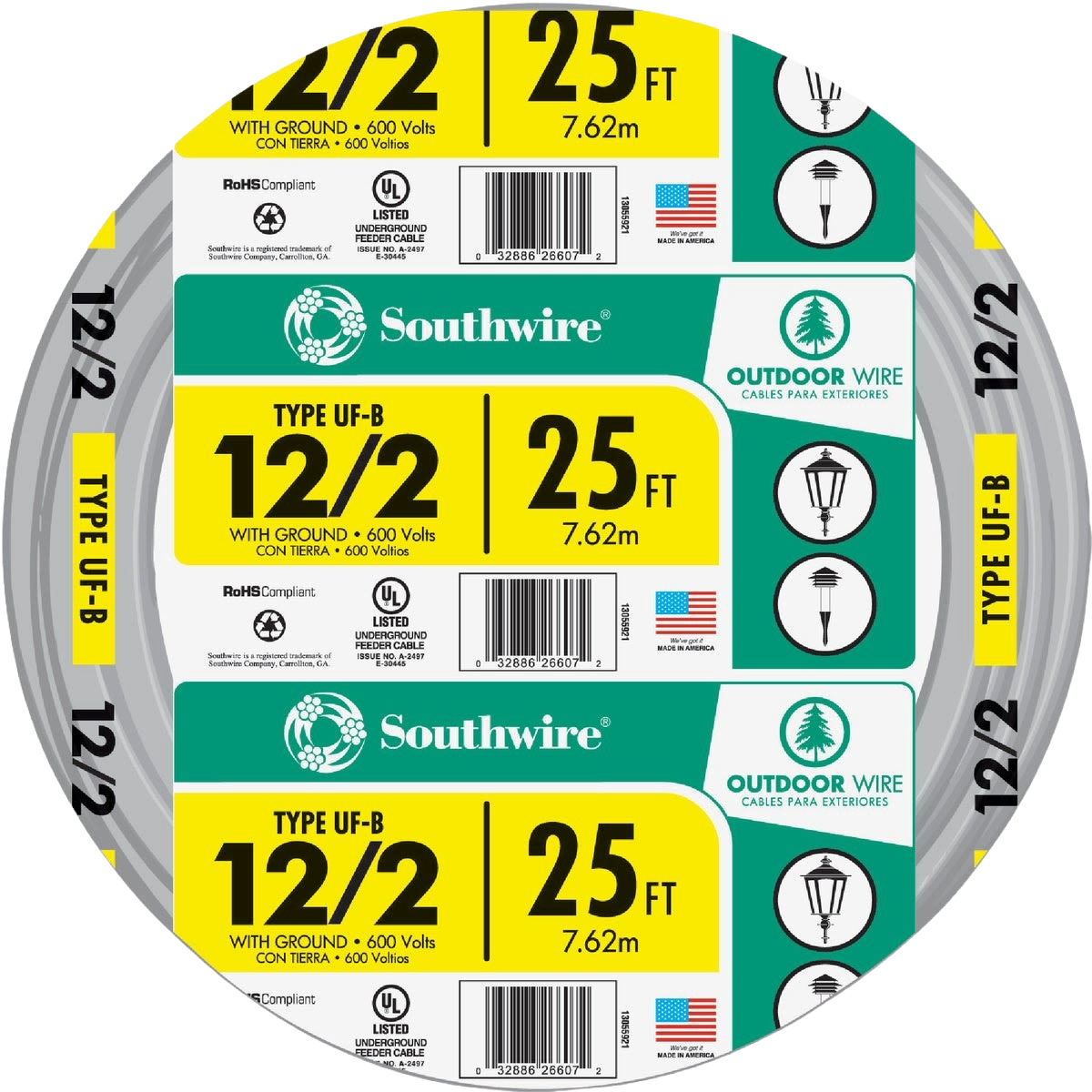 Coiled electrical wire labeled 12/2 with ground, 25 feet, designed for outdoor and underground use in building wire collection