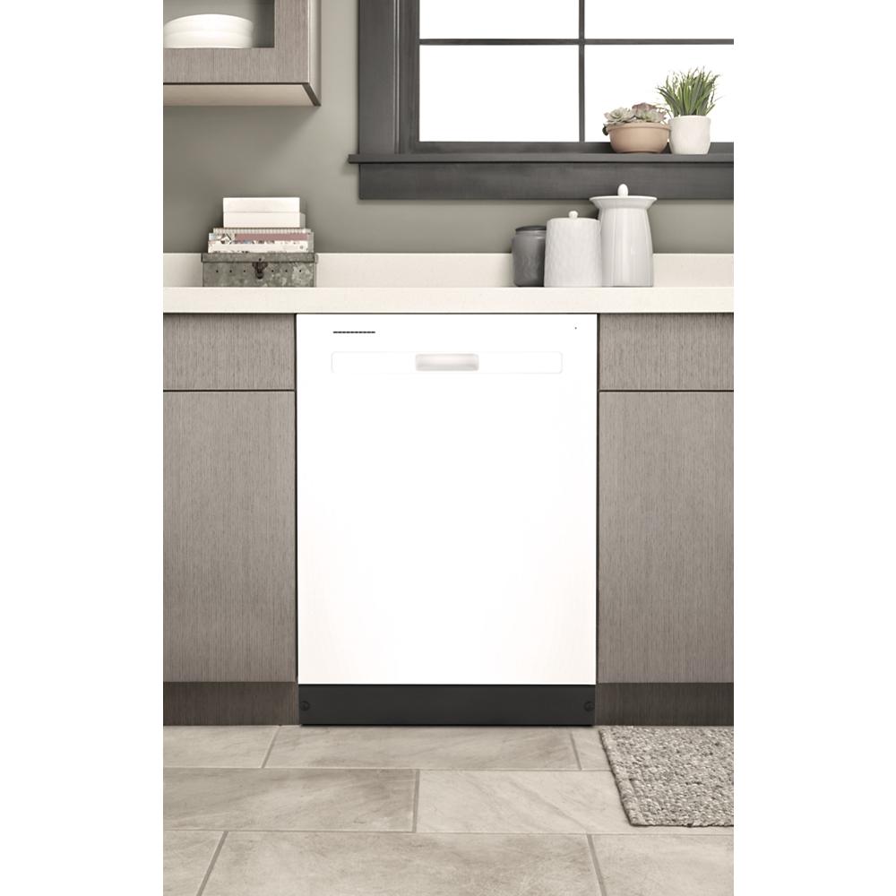 Built-in white dishwasher integrated into gray kitchen cabinetry and tiled floor in kitchen appliances collection