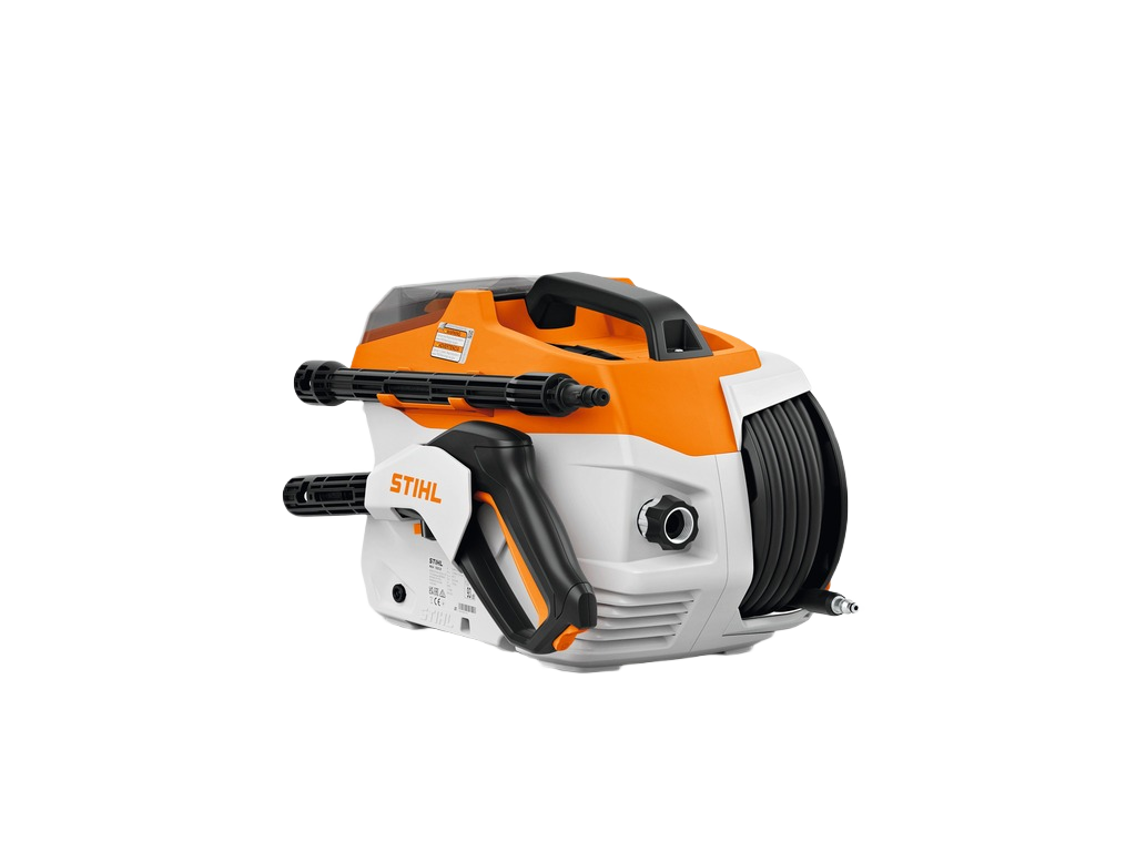 Compact orange and white STIHL pressure washer with hose reel and ergonomic handle for home improvement tasks