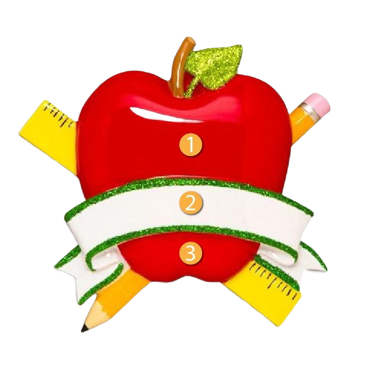 Red apple ornament with pencil and ruler crossed behind and white banner for personalization from Christmas collection