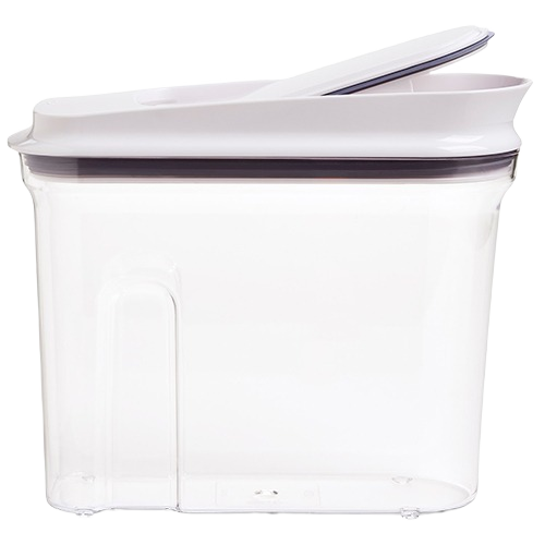 Clear plastic cereal dispenser with white lid and pop-up spout for kitchen storage and organization under $50