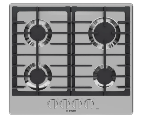 Stainless steel Bosch gas cooktop with four burners, cast iron grates, and metal control knobs in Kitchen & Cooktops collections