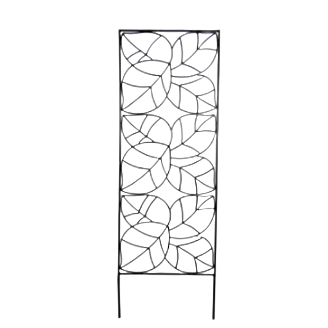 Black metal trellis panel with large leaf design for garden support and outdoor home improvement projects