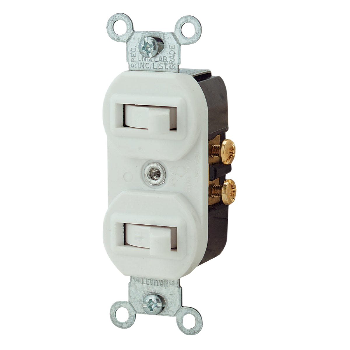 White commercial-grade electrical duplex switch with side wiring and break-off fins for versatile home improvement projects