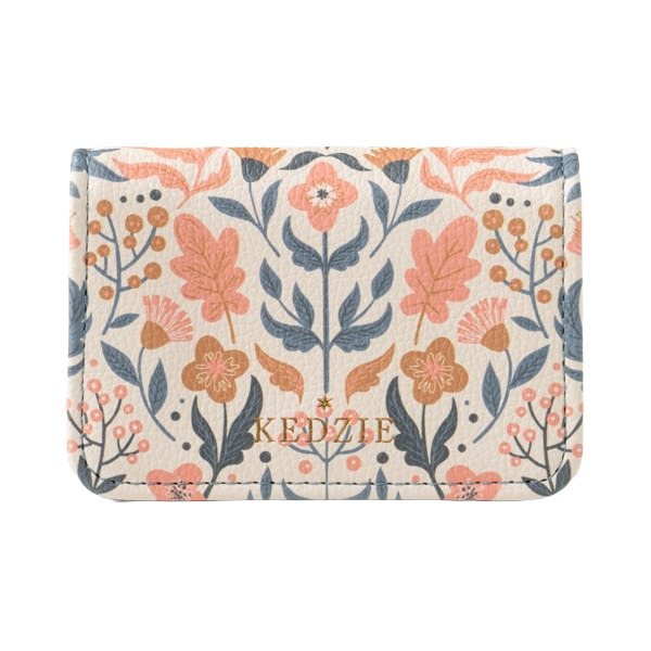 Floral patterned vegan leather mini wallet with gold Kedzie logo, part of Accessories and Bags & Wallets under $50 collection
