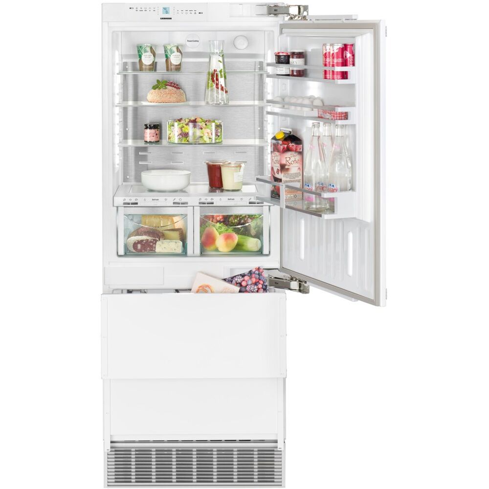 Built-in 30-inch refrigerator with bottom freezer, adjustable shelving, door storage, and clear vegetable drawers from Appliances collection