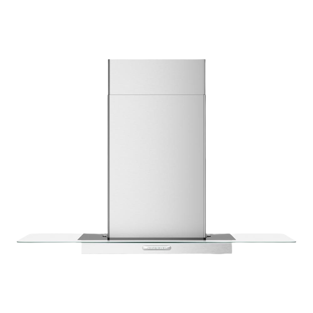 Modern stainless steel range hood with LED lighting and glass side panels in Over the Range Hoods and Appliances collections