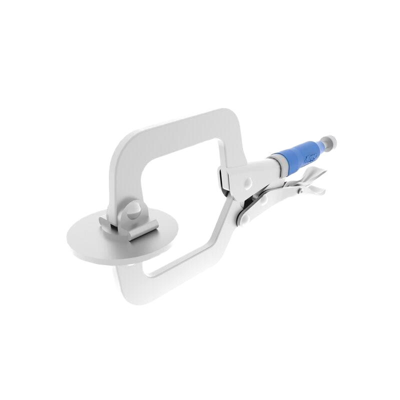 White and blue 2-inch face clamp with adjustable lever for woodworking and home improvement projects