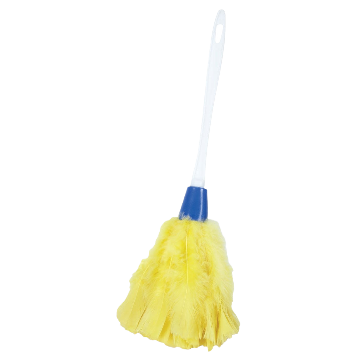Yellow feather dusting brush with a white handle designed for delicate dust removal in home improvement tasks