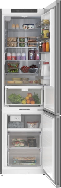 Open black Bosch refrigerator with glass door showing organized fresh food in kitchen appliances and bottom freezer collection