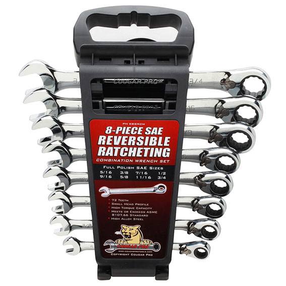 8-piece reversible ratcheting combination wrench set in black plastic holder for hand tools and woodworking use