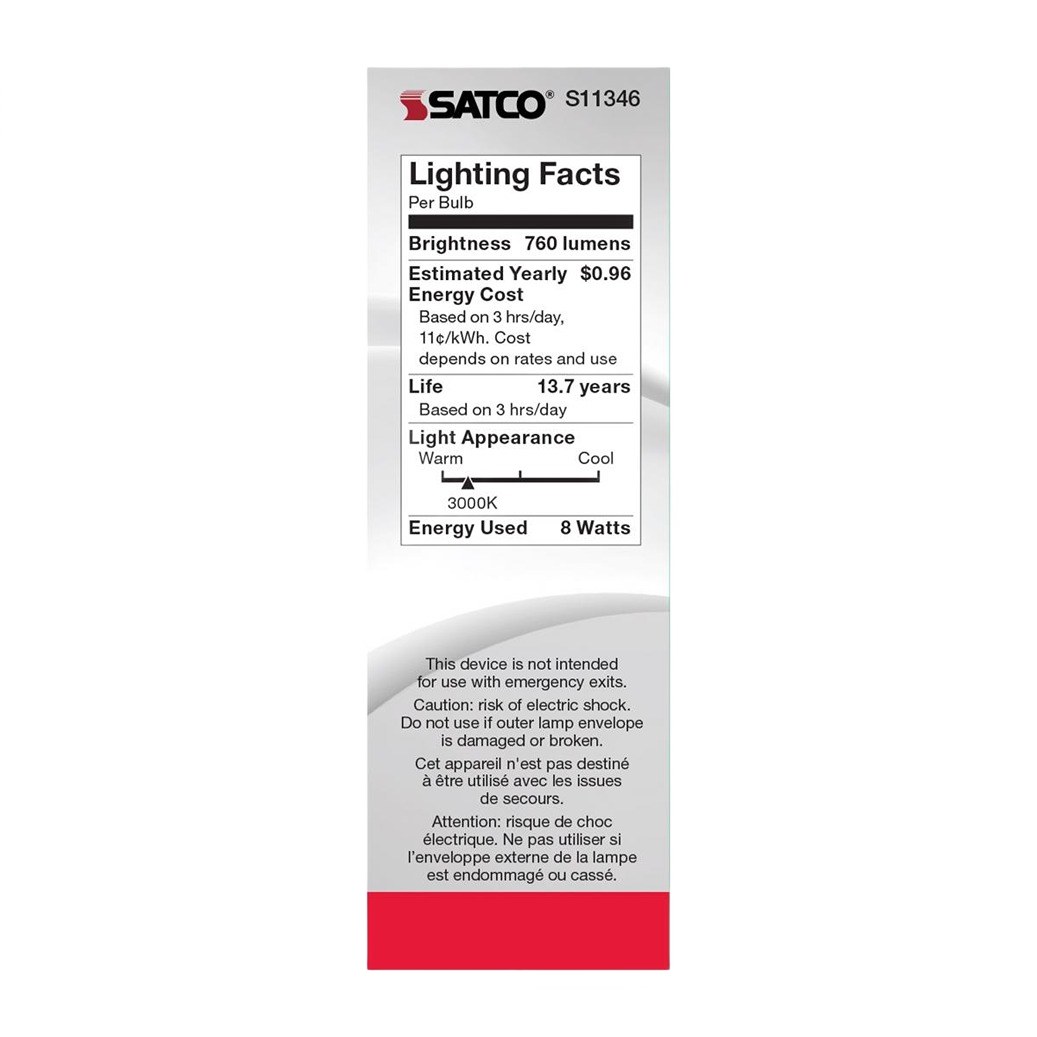 Lighting facts label with brightness, energy cost, lifespan, and cautions for safety on LED bulb packaging under $50 collections